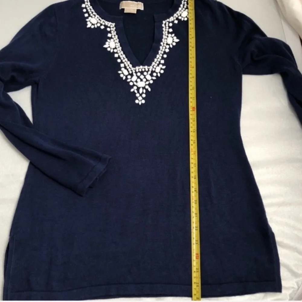 MICHAEL Michael Kors blue v-neck knit with white beads around neckline